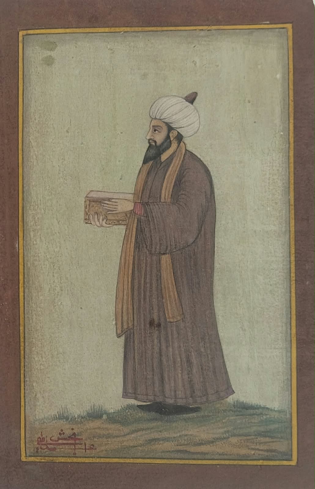 Miniature mughal painting of a man in turban and robe